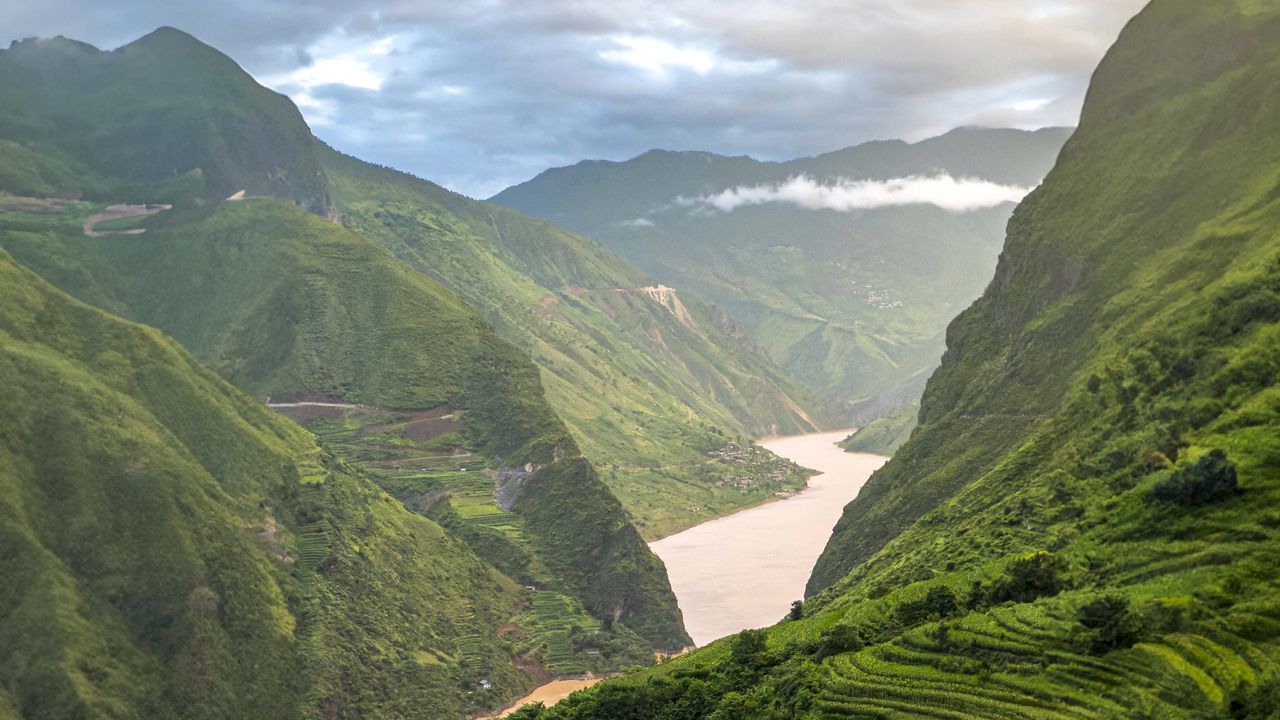 Wallpaper mountains, hills, river, grass, bushes, landscape