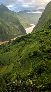 Preview wallpaper mountains, hills, river, grass, bushes, landscape