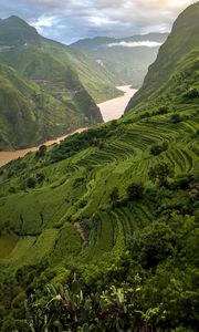 Preview wallpaper mountains, hills, river, grass, bushes, landscape