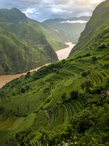 Preview wallpaper mountains, hills, river, grass, bushes, landscape