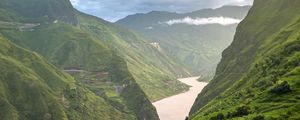 Preview wallpaper mountains, hills, river, grass, bushes, landscape