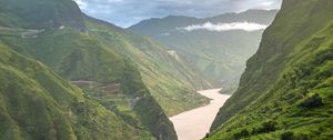 Preview wallpaper mountains, hills, river, grass, bushes, landscape