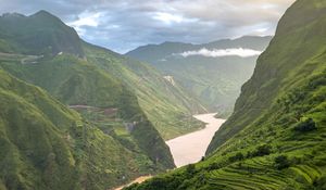 Preview wallpaper mountains, hills, river, grass, bushes, landscape