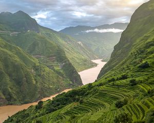 Preview wallpaper mountains, hills, river, grass, bushes, landscape