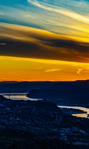 Preview wallpaper mountains, hills, river, houses, evening