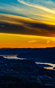 Preview wallpaper mountains, hills, river, houses, evening