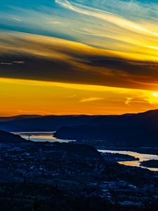 Preview wallpaper mountains, hills, river, houses, evening