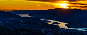 Preview wallpaper mountains, hills, river, houses, evening