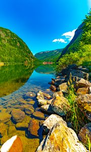 Preview wallpaper mountains, hills, river, bottom, stones, nature
