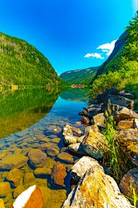 Preview wallpaper mountains, hills, river, bottom, stones, nature