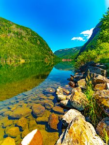 Preview wallpaper mountains, hills, river, bottom, stones, nature