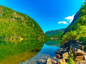 Preview wallpaper mountains, hills, river, bottom, stones, nature