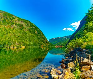 Preview wallpaper mountains, hills, river, bottom, stones, nature