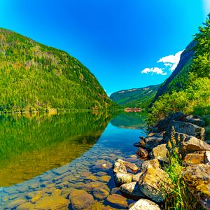 Preview wallpaper mountains, hills, river, bottom, stones, nature