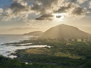 Preview wallpaper mountains, hills, sea, clouds, light, nature, landscape