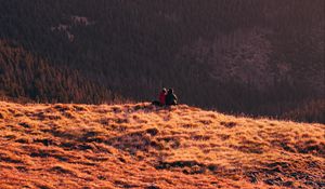 Preview wallpaper mountains, hills, silhouettes, forest, fog, dusk