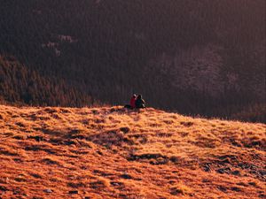 Preview wallpaper mountains, hills, silhouettes, forest, fog, dusk