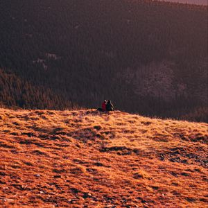 Preview wallpaper mountains, hills, silhouettes, forest, fog, dusk