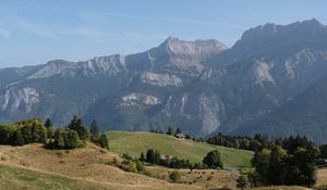 Preview wallpaper mountains, hills, slopes, house, trees, nature