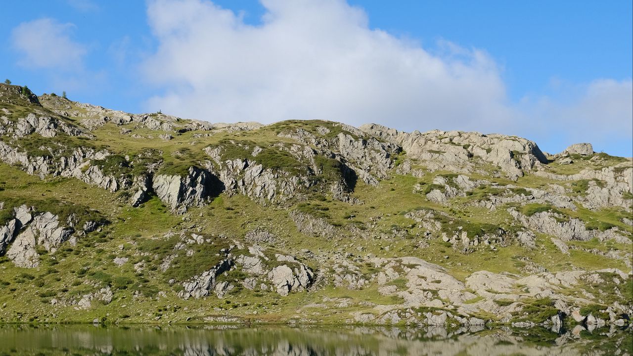 Wallpaper mountains, hills, stones, reflection, lake, landscape