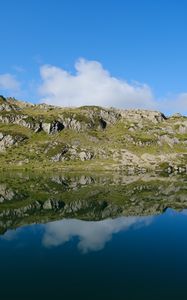 Preview wallpaper mountains, hills, stones, reflection, lake, landscape