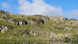 Preview wallpaper mountains, hills, stones, reflection, lake, landscape