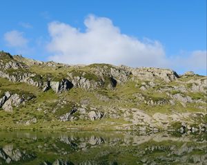 Preview wallpaper mountains, hills, stones, reflection, lake, landscape