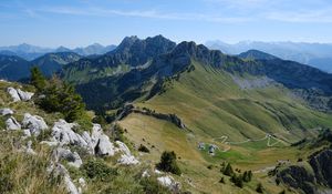 Preview wallpaper mountains, hills, stones, slopes, sky, nature