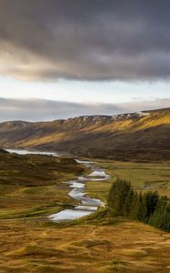 Preview wallpaper mountains, hills, stream, valley, trees, landscape