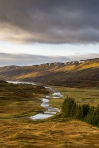 Preview wallpaper mountains, hills, stream, valley, trees, landscape