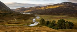 Preview wallpaper mountains, hills, stream, valley, trees, landscape
