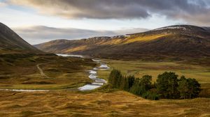 Preview wallpaper mountains, hills, stream, valley, trees, landscape