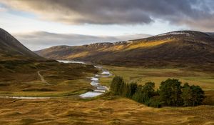 Preview wallpaper mountains, hills, stream, valley, trees, landscape