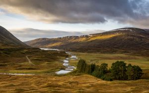 Preview wallpaper mountains, hills, stream, valley, trees, landscape