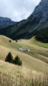 Preview wallpaper mountains, hills, trail, trees, grass, landscape