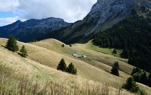 Preview wallpaper mountains, hills, trail, trees, grass, landscape