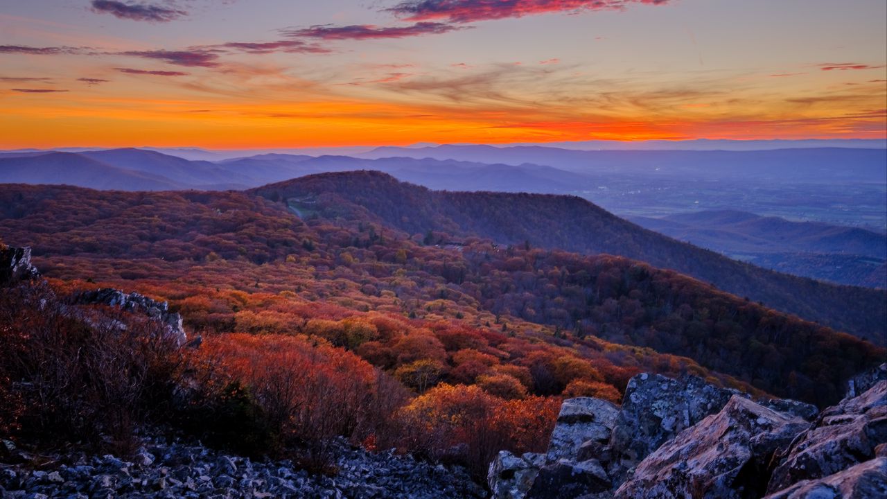 Wallpaper mountains, hills, trees, stones, sky, sunset