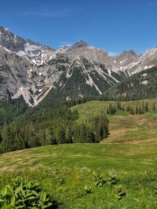 Preview wallpaper mountains, hills, trees, grass, landscape