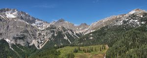 Preview wallpaper mountains, hills, trees, grass, landscape