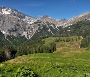 Preview wallpaper mountains, hills, trees, grass, landscape