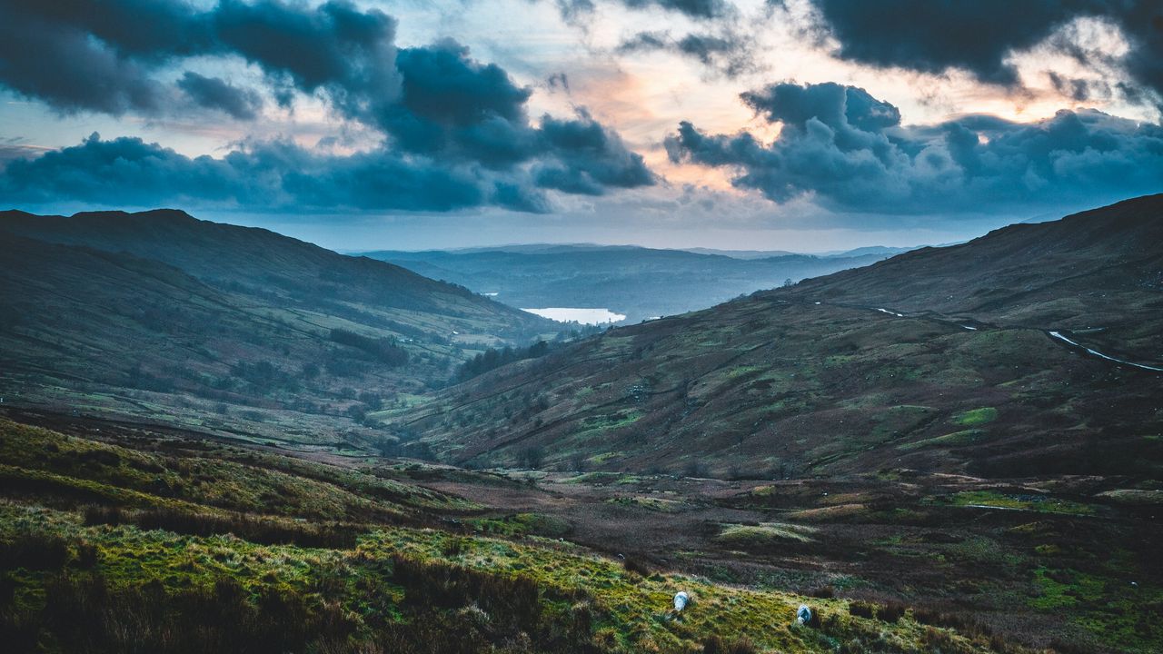 Wallpaper mountains, hills, valley, clouds, landscape