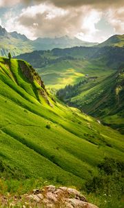 Preview wallpaper mountains, hills, valley, slope, trees, landscape, nature