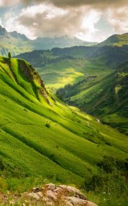Preview wallpaper mountains, hills, valley, slope, trees, landscape, nature