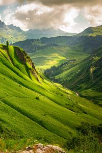 Preview wallpaper mountains, hills, valley, slope, trees, landscape, nature