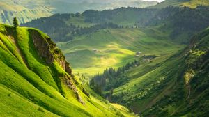 Preview wallpaper mountains, hills, valley, slope, trees, landscape, nature