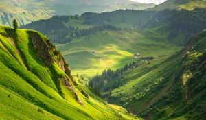 Preview wallpaper mountains, hills, valley, slope, trees, landscape, nature