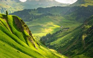 Preview wallpaper mountains, hills, valley, slope, trees, landscape, nature