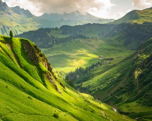 Preview wallpaper mountains, hills, valley, slope, trees, landscape, nature