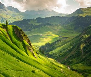 Preview wallpaper mountains, hills, valley, slope, trees, landscape, nature