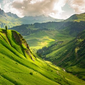 Preview wallpaper mountains, hills, valley, slope, trees, landscape, nature